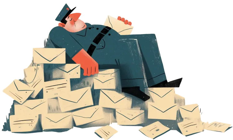 Illustration of a postman asleep on a pile of undelivered mail.