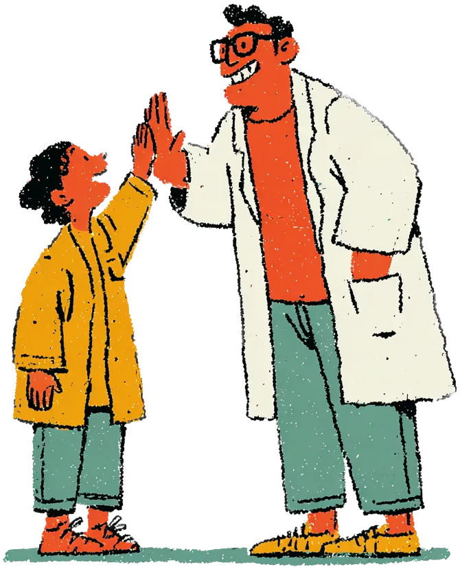 Illustration of a dentist in a lab coat and a child giving each other a high-five.